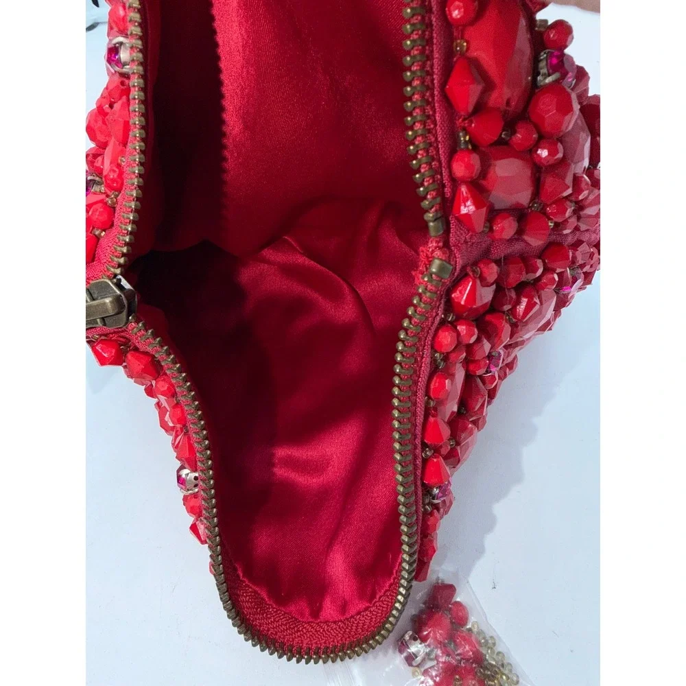 Red Beaded Rhinestone Embellished Zip Clutch Evening Bag with Spare Beads